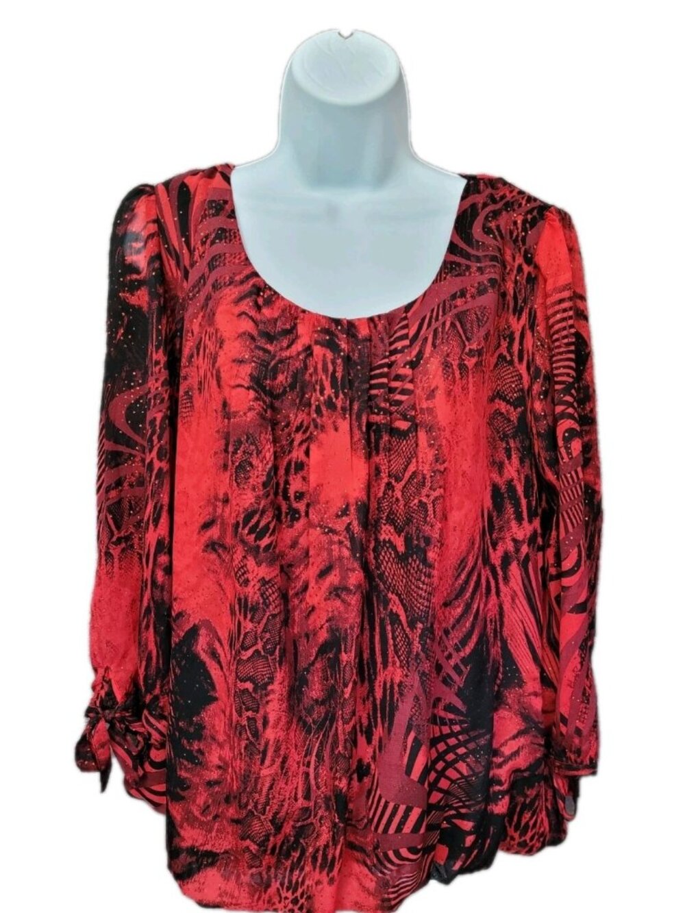 Y2K Women’s Size XL Top Black Red Blouse Glitter‎ Accents Bubble Hem Tie Sleeve